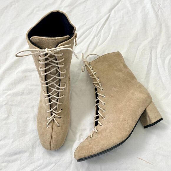 Nude Tan Faux Suede Ren Fair Witchy Pirate Wench Lace Up High Heel Boots 9 - 9.5 - Picture 7 of 8
